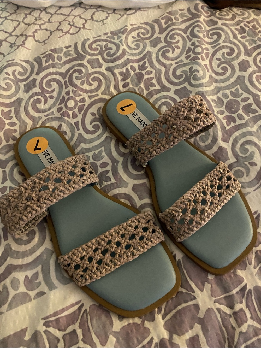 Steve Madden Two-Strap Blue Footbed Sandals with Woven Beige Straps